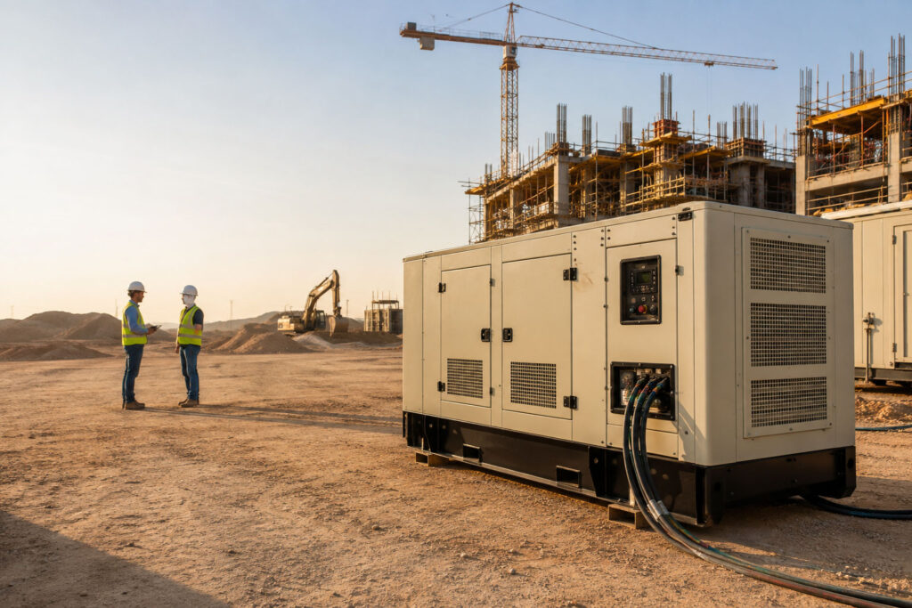 Diesel generator rental in Saudi Arabia powering a large-scale construction project with engineers inspecting the equipment.